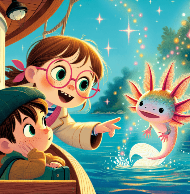 Dallas and the Rainbow Axolotl - a colorful illustration of a girl with pink glasses looking at a rainbow axolotl in the water